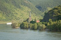  A close-up shot of the church across the river in a village called Filsen.