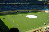  Spain and Ukraine came out to warm up before the game.  Notice the center of the field:  