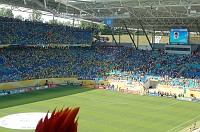  There were two gian TV screens in the stadium, one at each end.  These were the only scoreboards, which often made it difficult to see the score!  (That's some Spain fan's red hair in the bottom of the picture.)