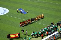  The starting lineups for the game.  Every player was escorted by a youth player.