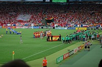  The teams line up before the game to be introduced.